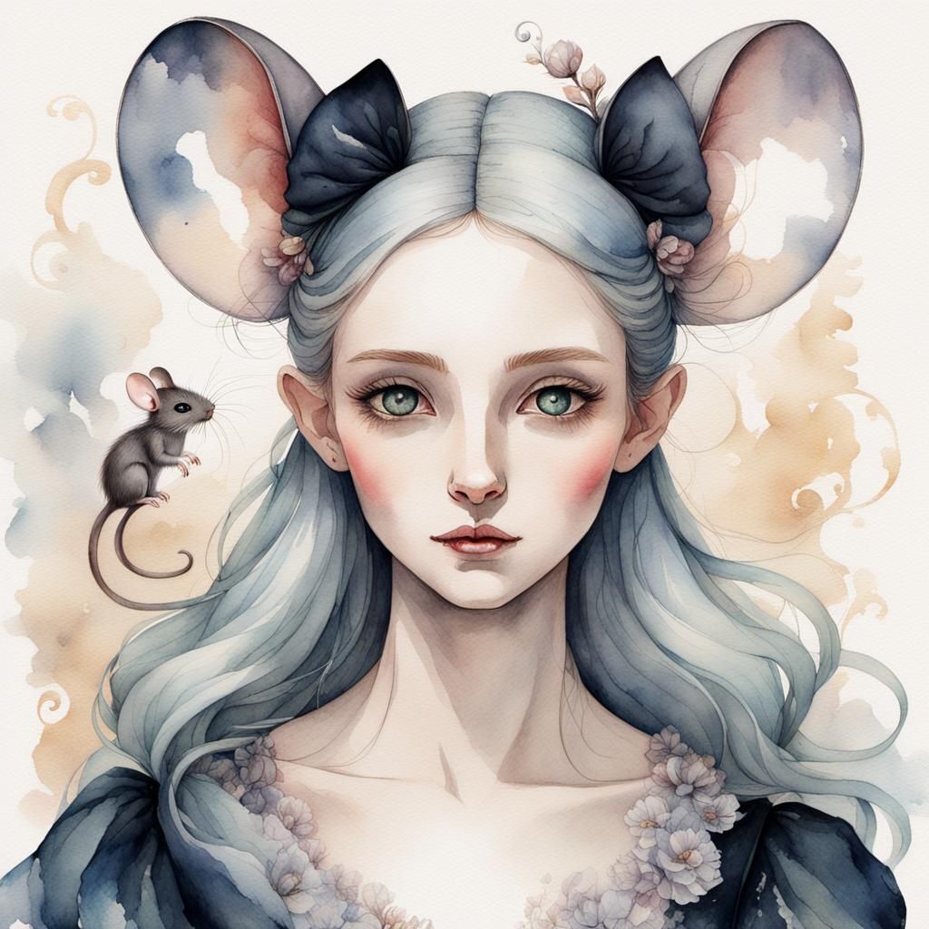 Enchanting Mouse-Girl Portrait in Watercolor Style