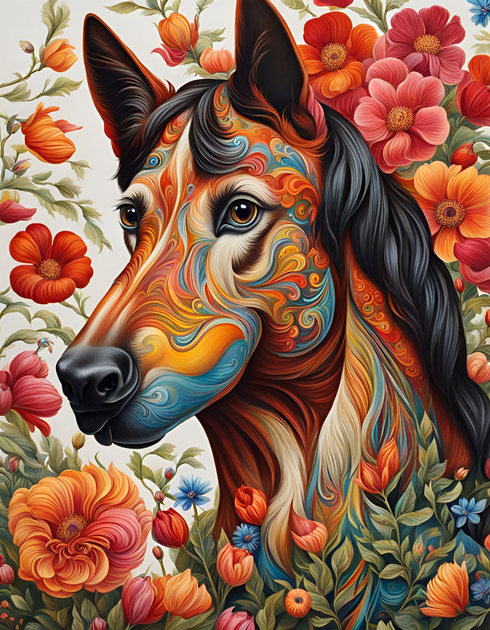 Colorful Blossom Dog-Horse Drawing, Detailed Digital Art