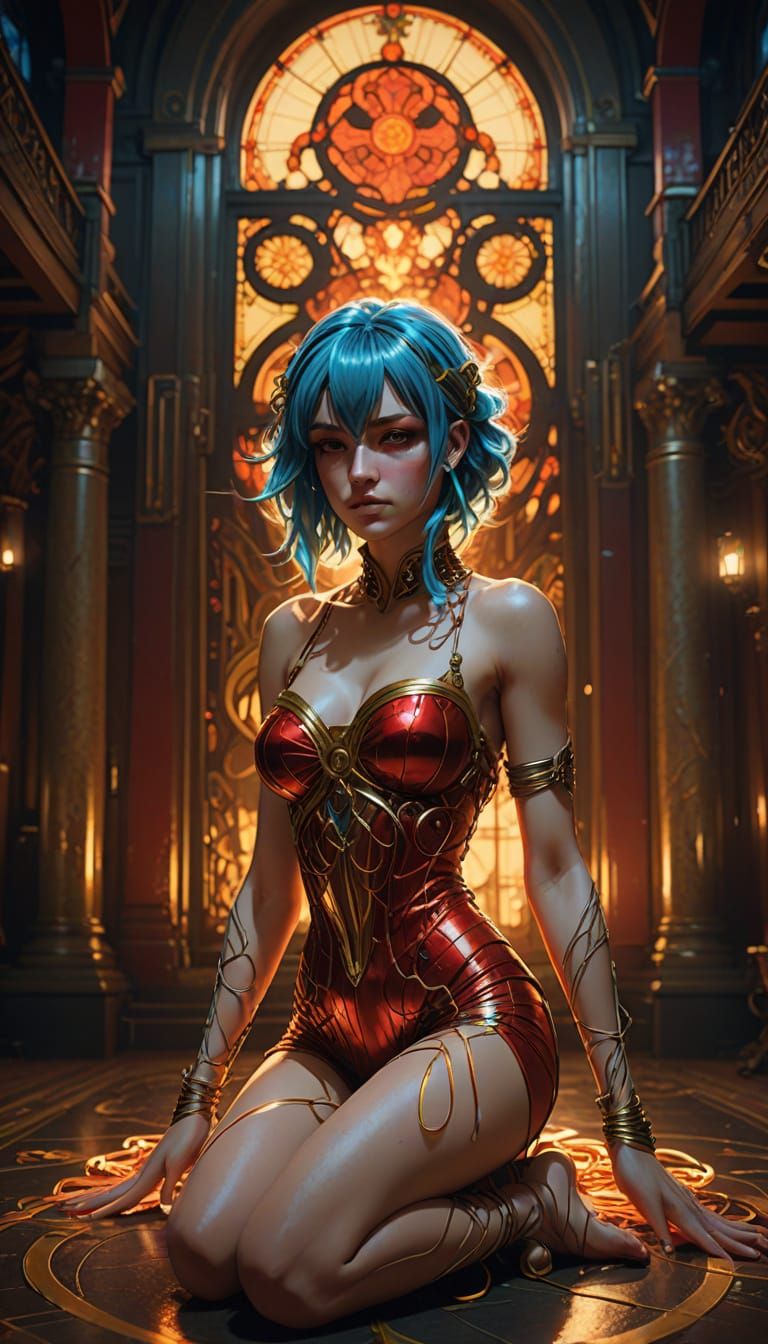 Neon Haired Woman in Grand Hall, Inspired by Mucha