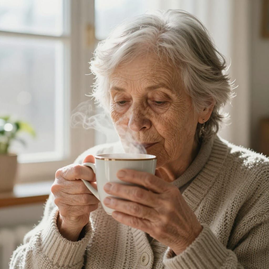 Cozy Grandmother Sips Coffee in Soft Natural Light
