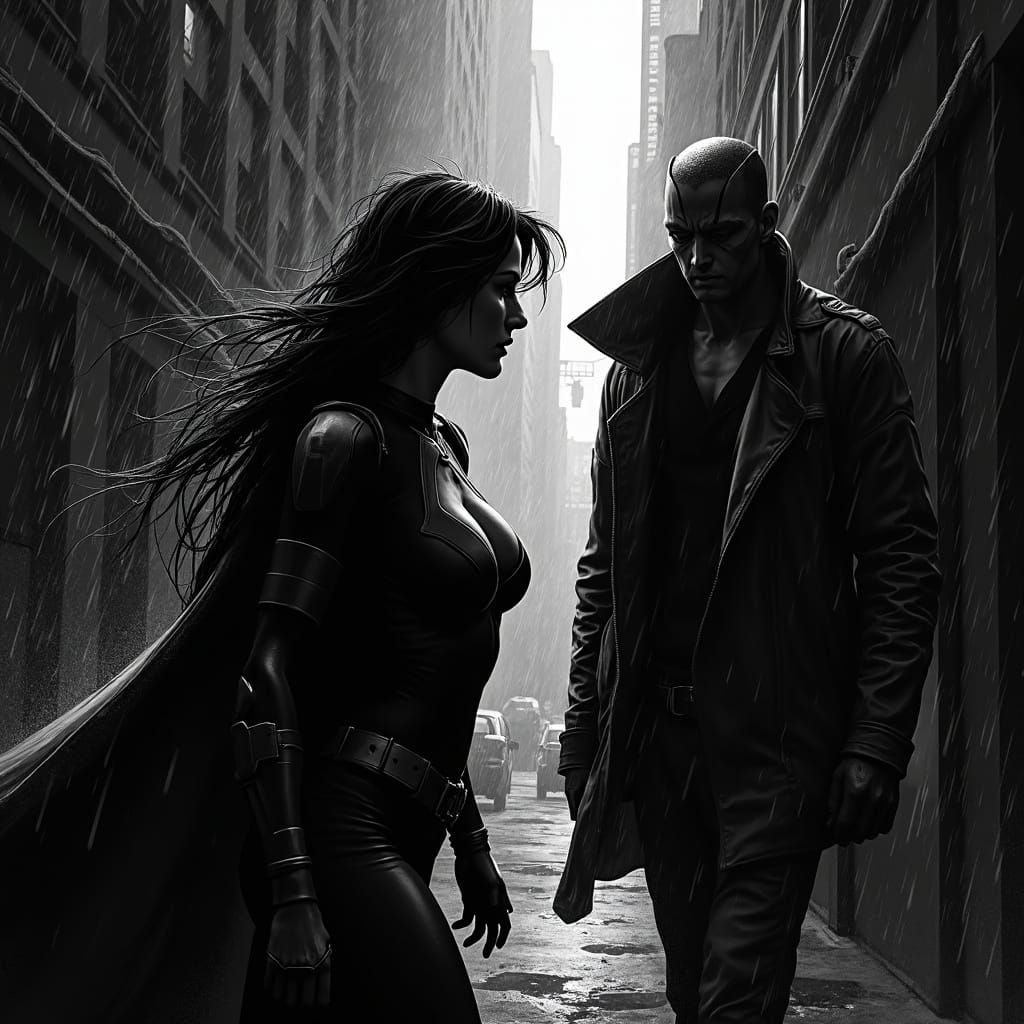 Superheroine in Noir City Confronts Shadowy Antagonist