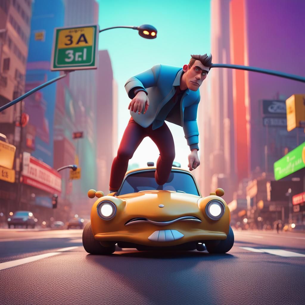 Man Stops Car With Forehead: 3D Digital Art