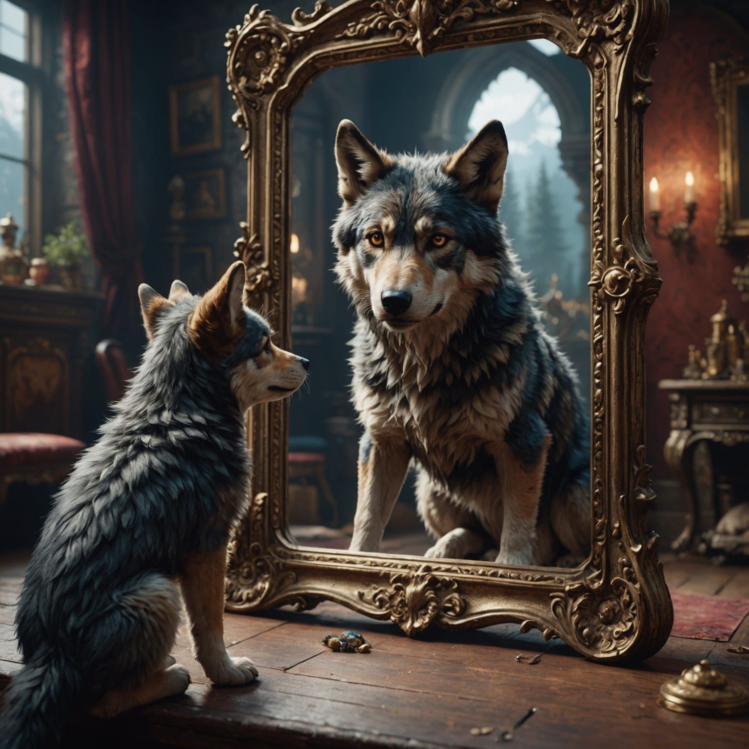 Puppy Sees Wolf Reflection: Detailed Fantasy Art