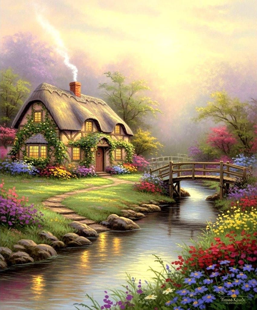 Idyllic Cottage by Babbling Brook in Luminous Style