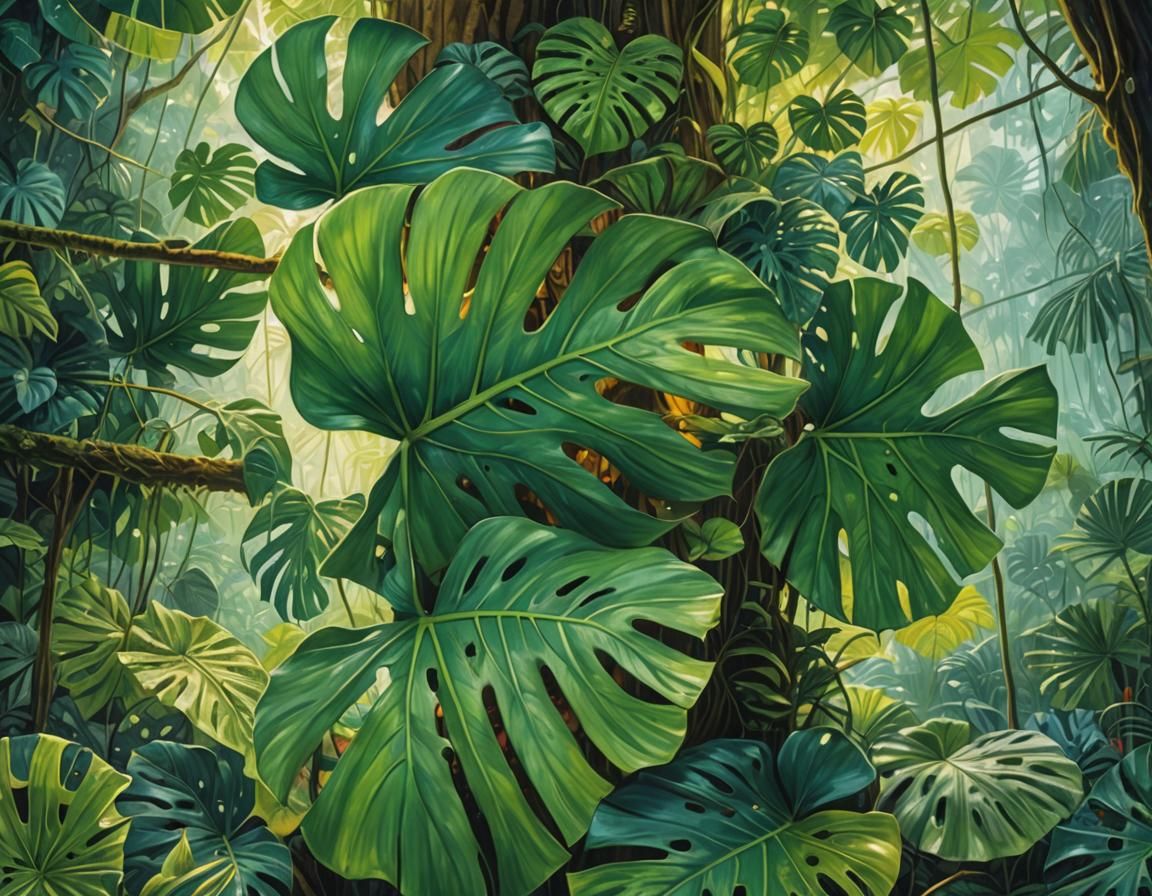 Lush Rainforest Monstera with Bioluminescent Foliage