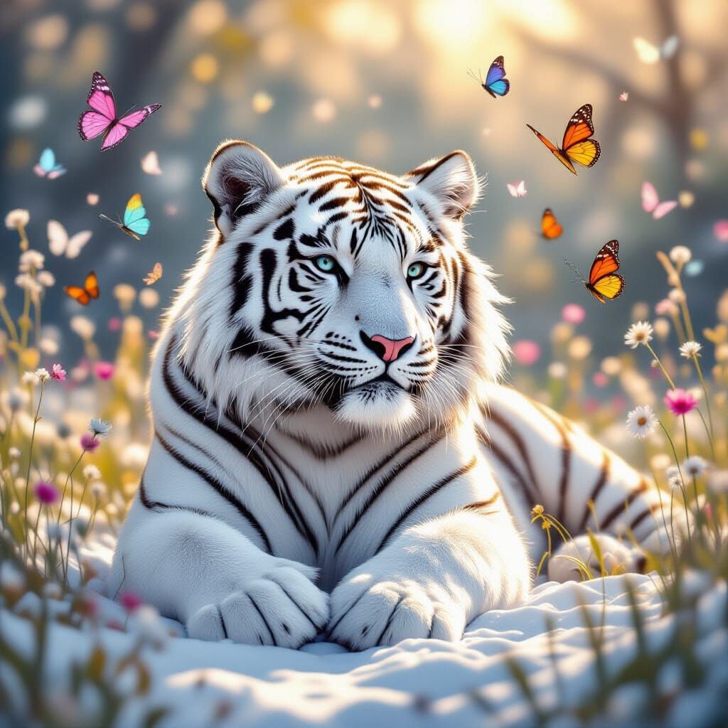 White Tiger and Butterflies in Sunlit Meadow