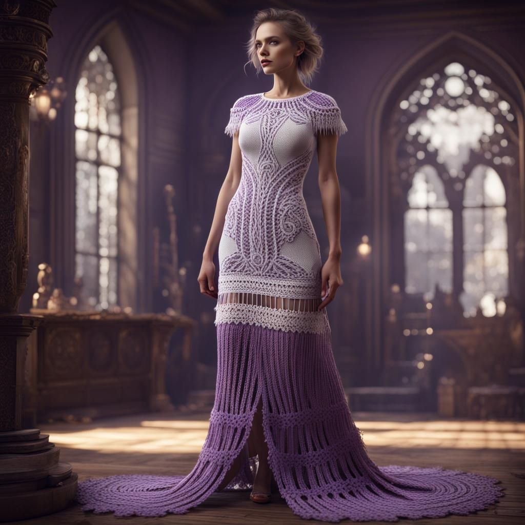 Elegant Knit and Crochet Dress in Dark Lilac