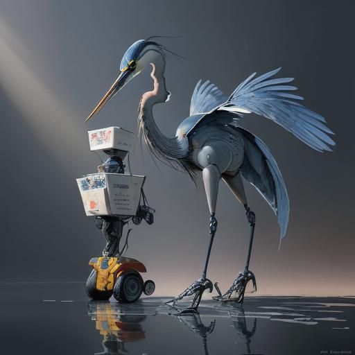 Great blue heron ready to deliver takeout order from robot w...