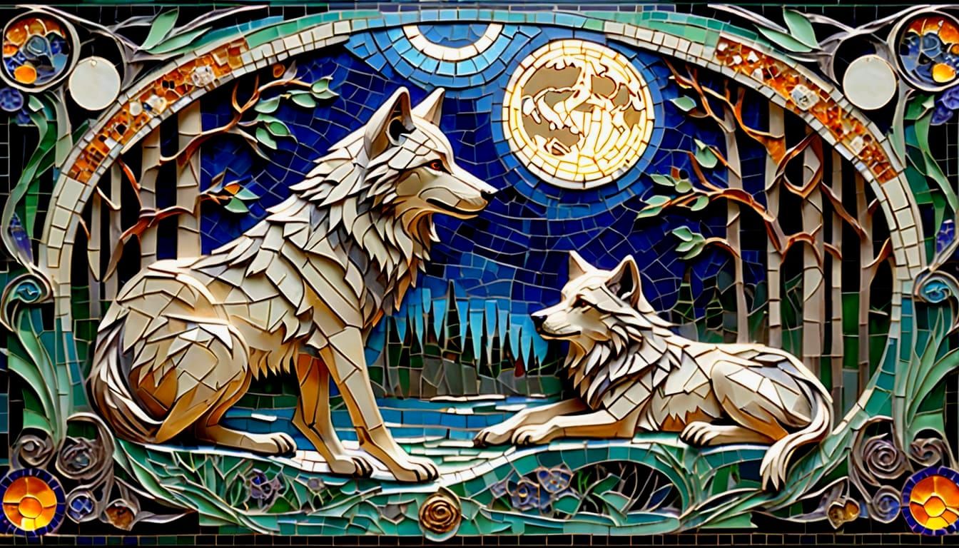 Art Deco Wolf Family Under Full Moon Mosaic