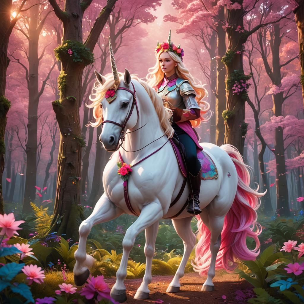 Girl Rides Unicorn in Magical Forest: 3D Art