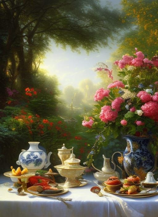 Elegant Garden Breakfast Still Life: Detailed Digital Painti...