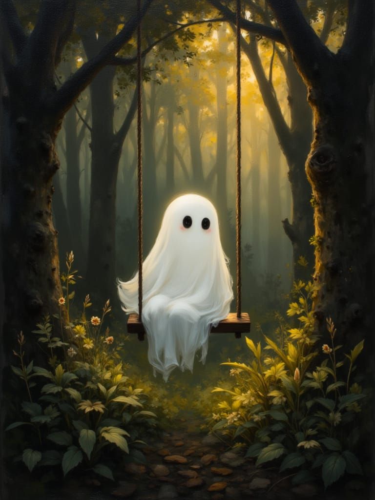 Minimal Ghost on Swing in Moody Forest Oil Painting