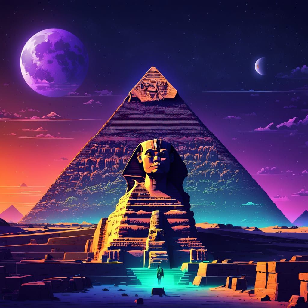 Giza Pyramid and Sphinx in Neon Concept Art