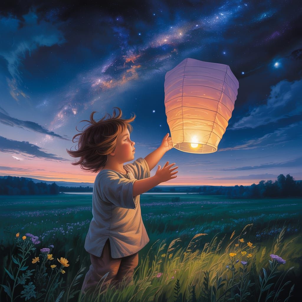 Child Releases Lantern into Twilight Sky, Fantasy Digital Ar...