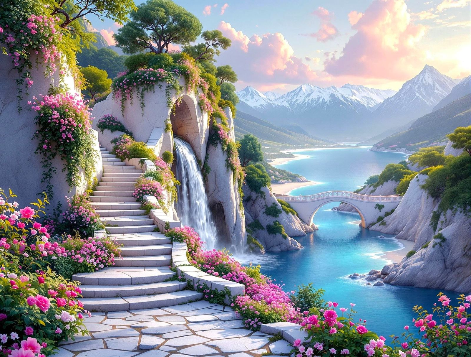 Surreal Dreamscape Landscape with White Bridge and Waterfall