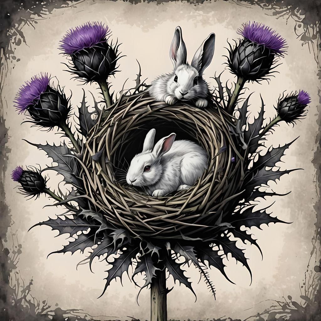 Rabbit Sleeping in Thistle Nest: Pencil and Ink Art