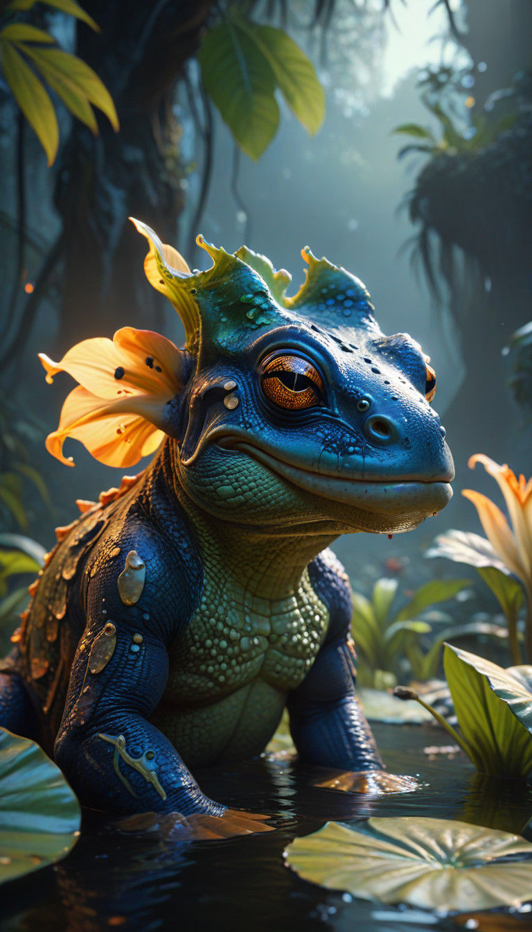 Fantasy Elephant Frog Hybrid Sits on Misty Jungle Lily Pad