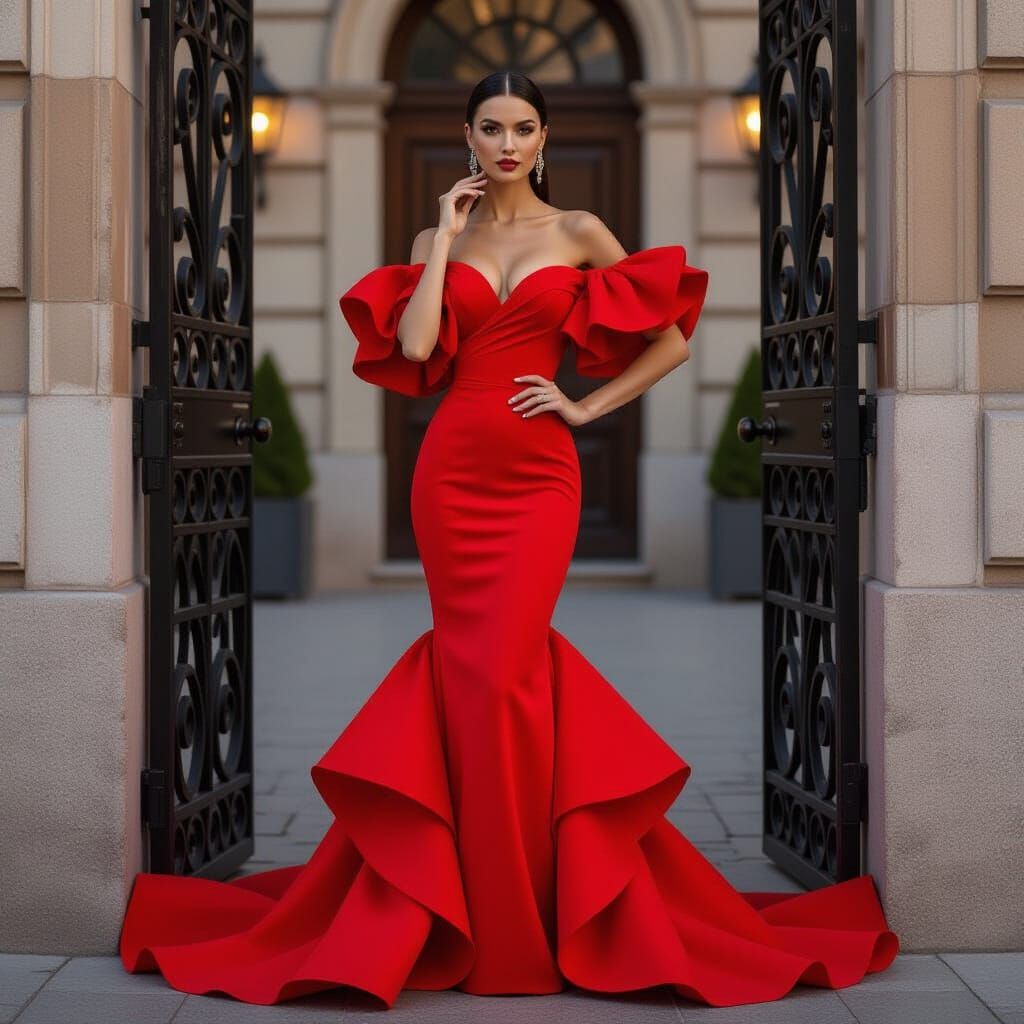 Woman in Red Mermaid Gown by Wrought-Iron Gate