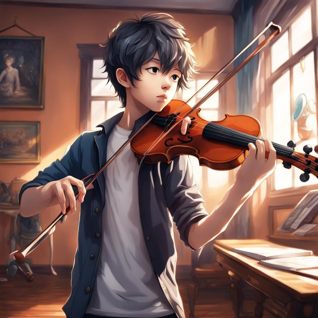 Boy Plays Violin in Anime Style Music Room