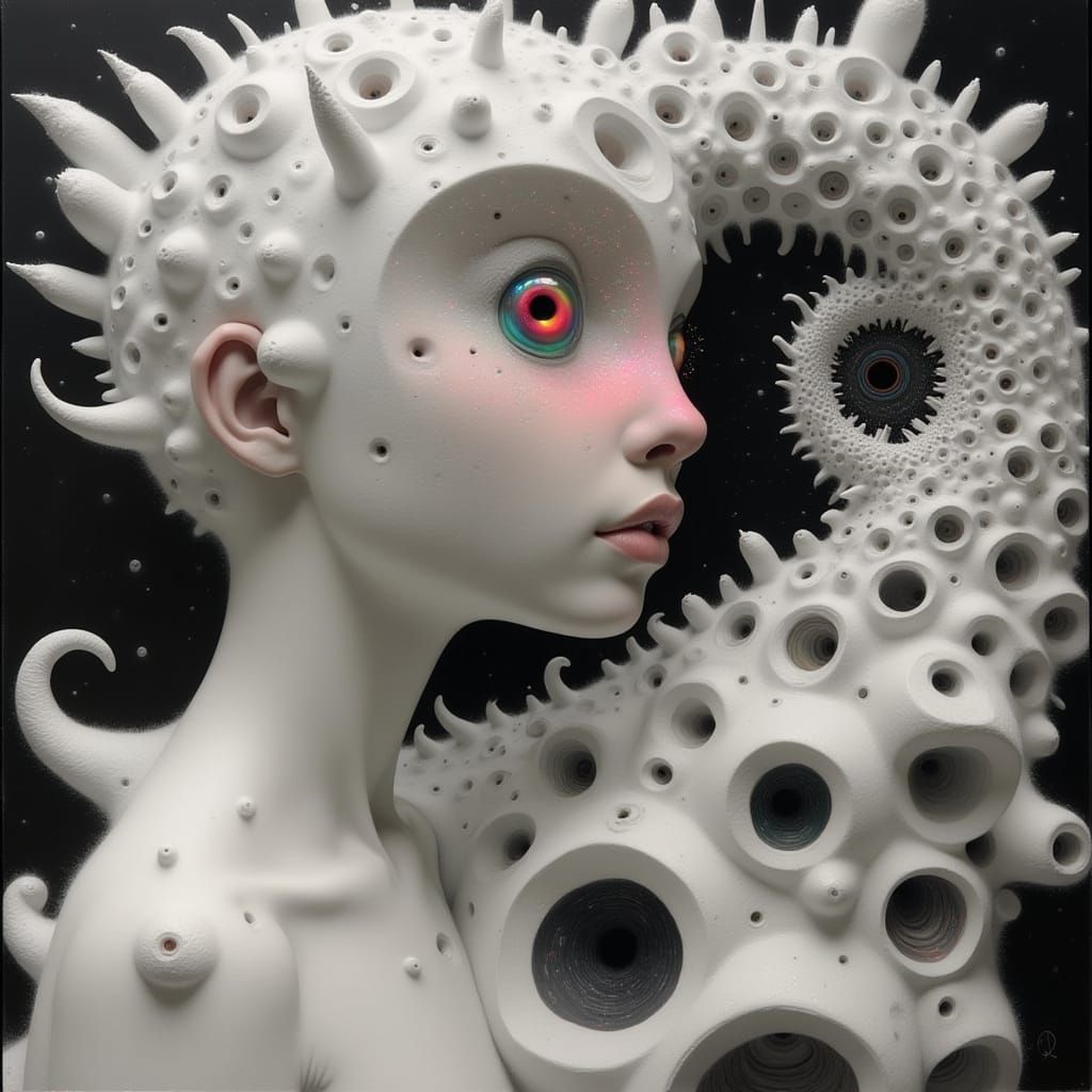 <lora:AmongTheDark:1.0> beautiful feminine woman's face, perfect lips, zoom in macro, disappears into a black hole, Frac...