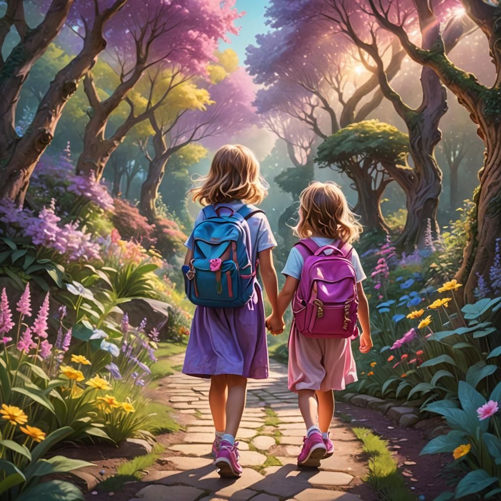 Fantasy Art: Girls Walking to a Magical Garden