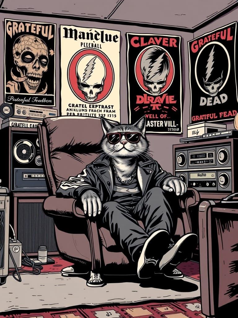 Boomer Cat in Mancave, Grateful Dead, Comic Book Style