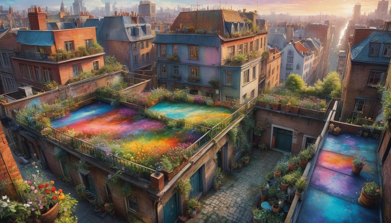 Rooftop Garden Watercolor Painting with Graffiti Elements