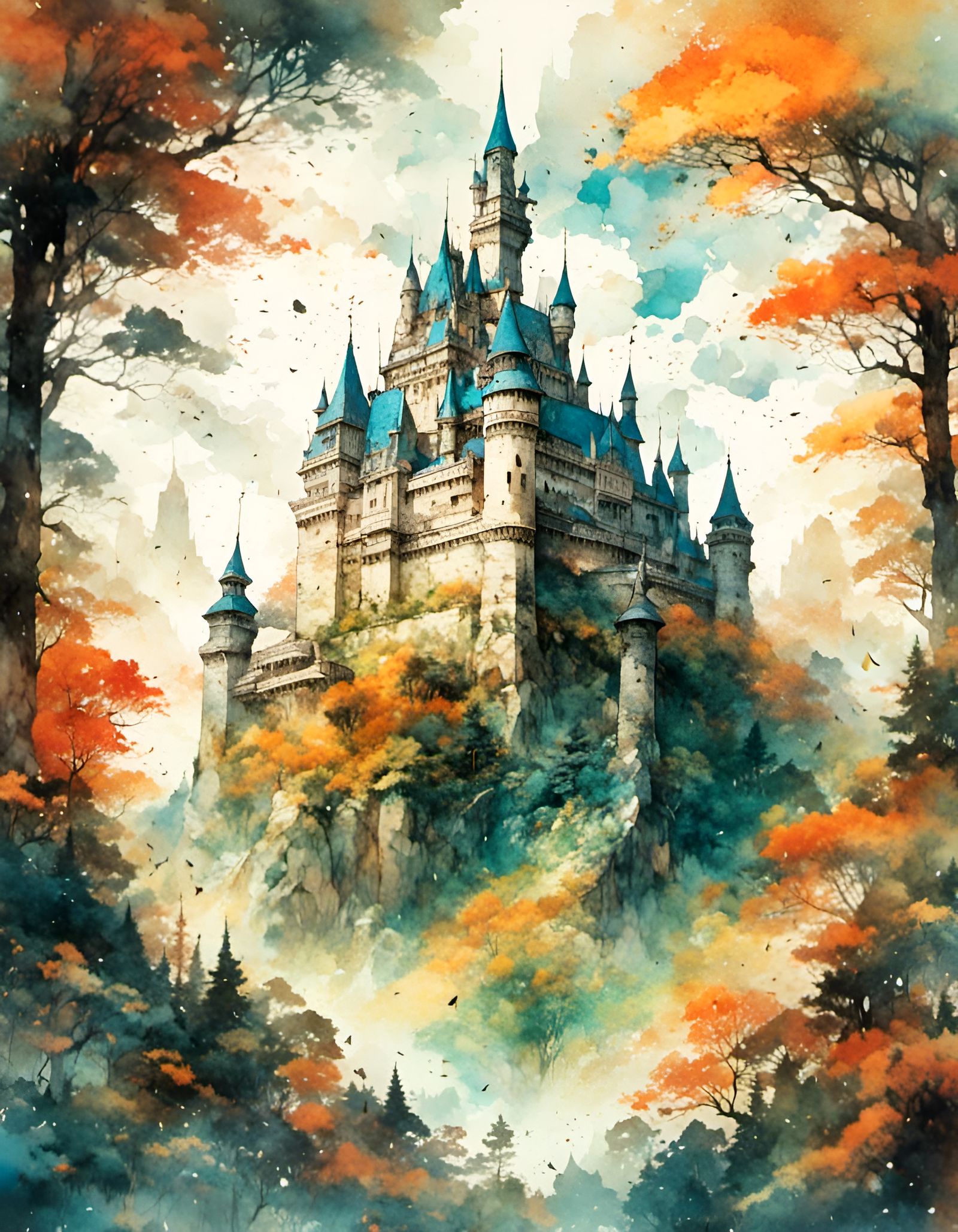 Double Exposure: Enchanted Forest Castle in Watercolor