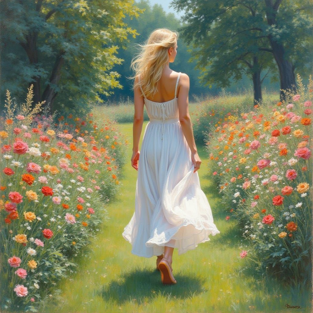 Blonde Woman in a Vibrant Garden, Impressionistic Style