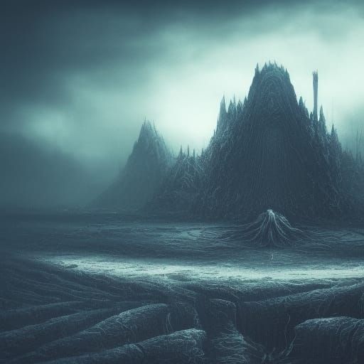 Surreal Dark Landscape with Ruined Monolith