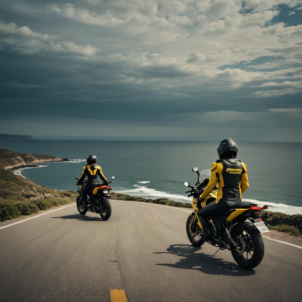 Women in Motorcycle Suits Admire Ocean View