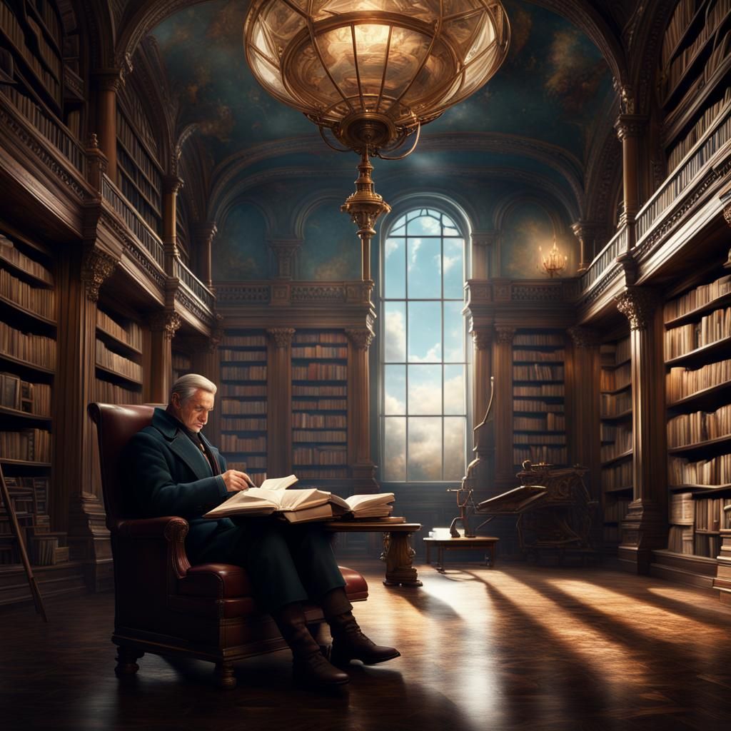 Sky Captain Reading in Library: Digital Matte Painting