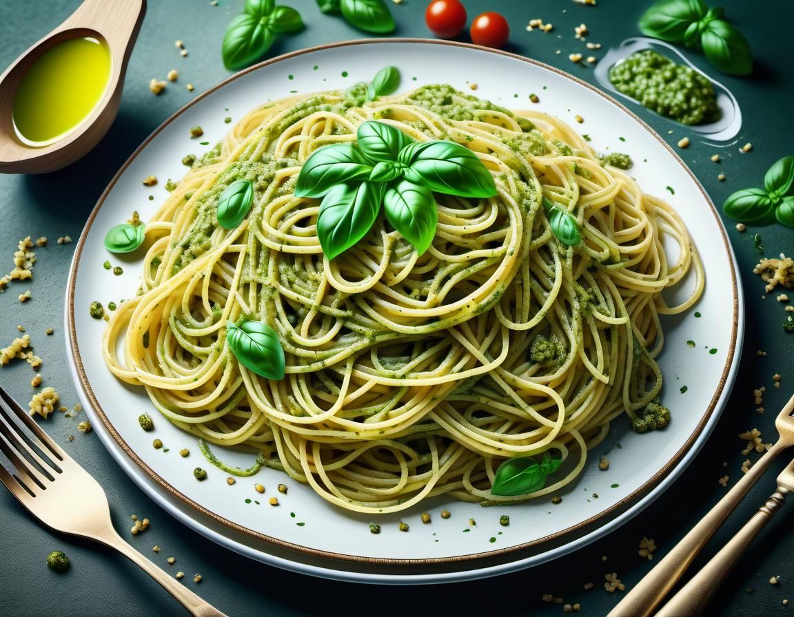 Delicious Spaghetti al Pesto: Artful Food Photography