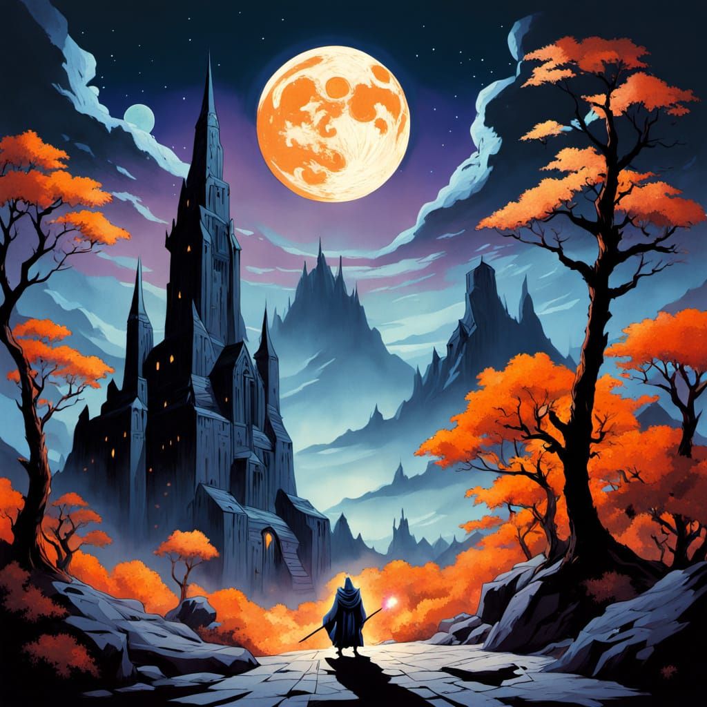 Dramatic Moonlit Silhouette in Fantasy Landscape