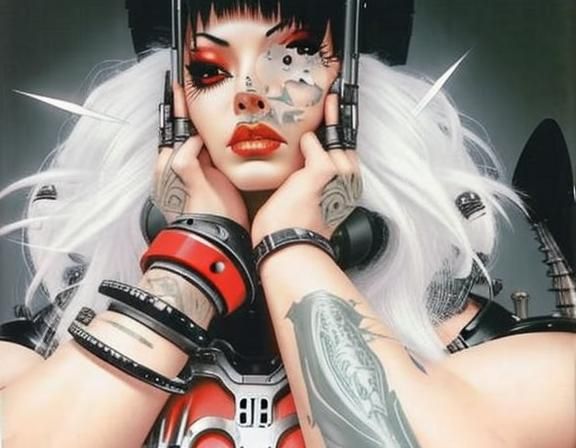 Cybergoth Woman with Tattoos in Biomechanical Style