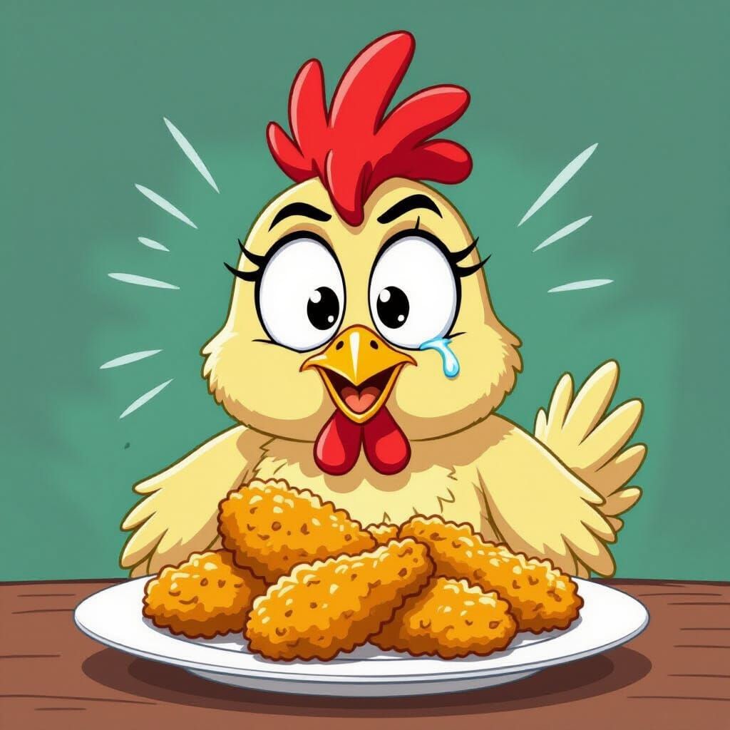 Scared Chicken Faces Chicken Fingers in Cartoon Style