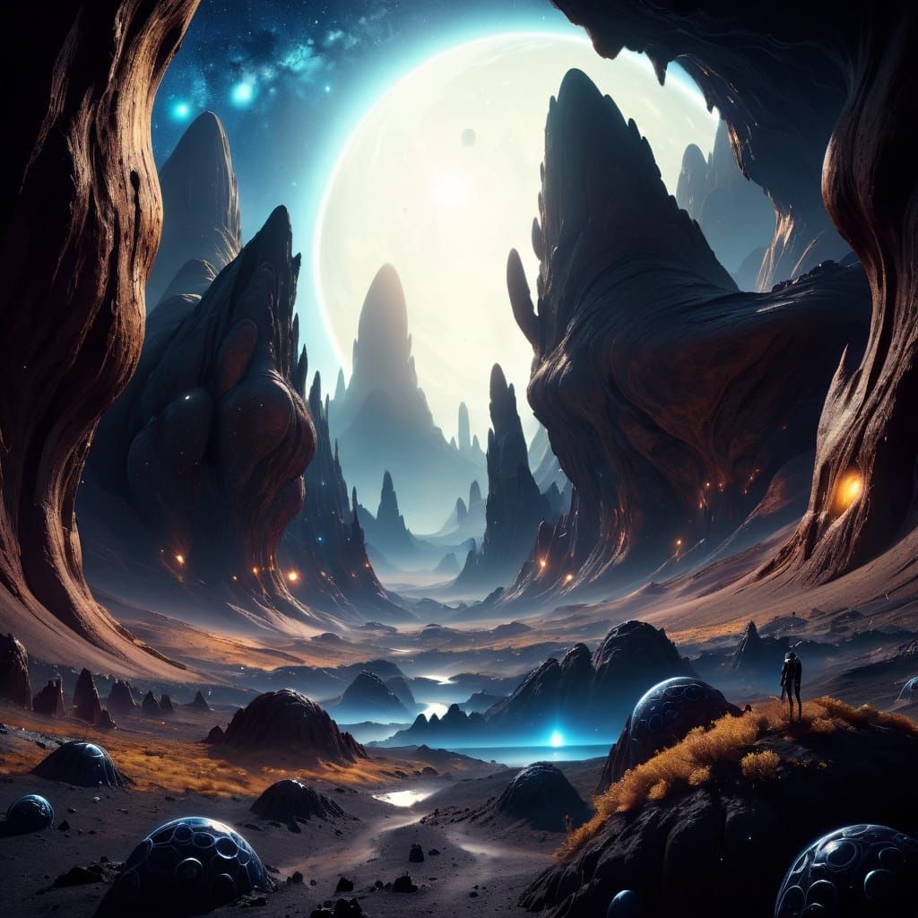 Moody, Alien Galactic Landscape in Cyberpunk Digital Paintin...