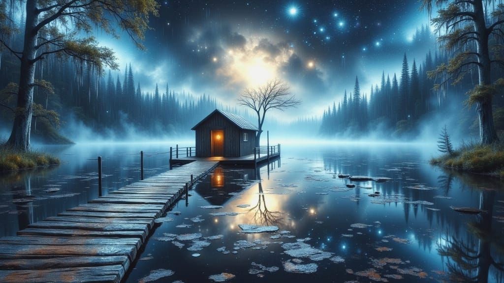 Dreamlike Lake Hut in Mist, Impasto Painting