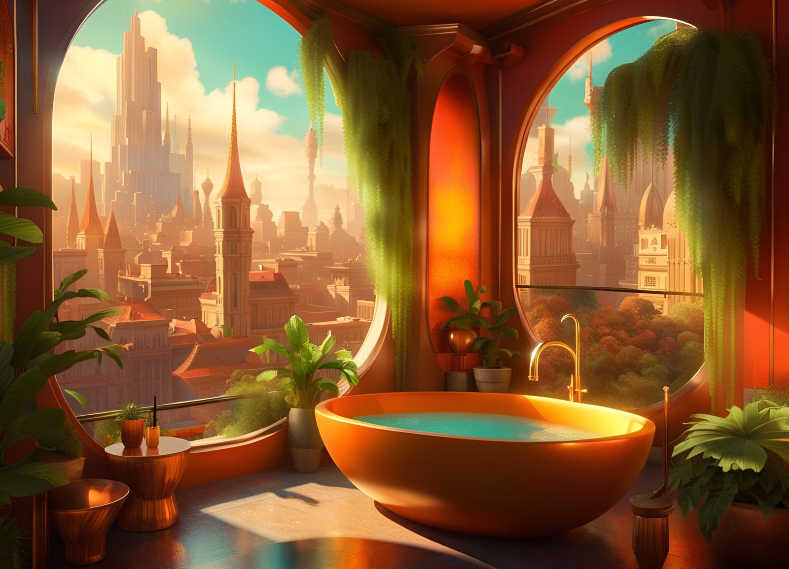 Luxury Bathroom with Solarpunk City View