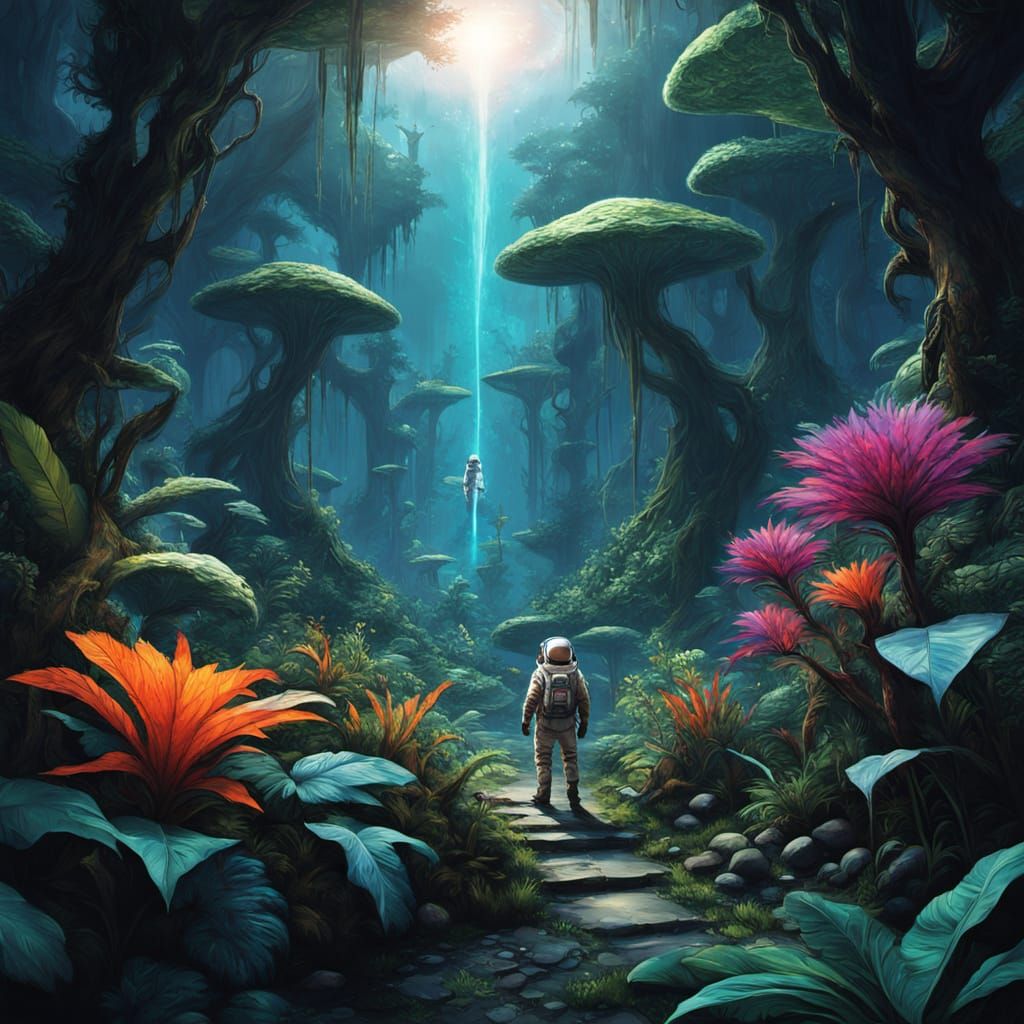 Astronaut Explores Vibrant Alien Jungle in Sci-Fi Concept Ar...
