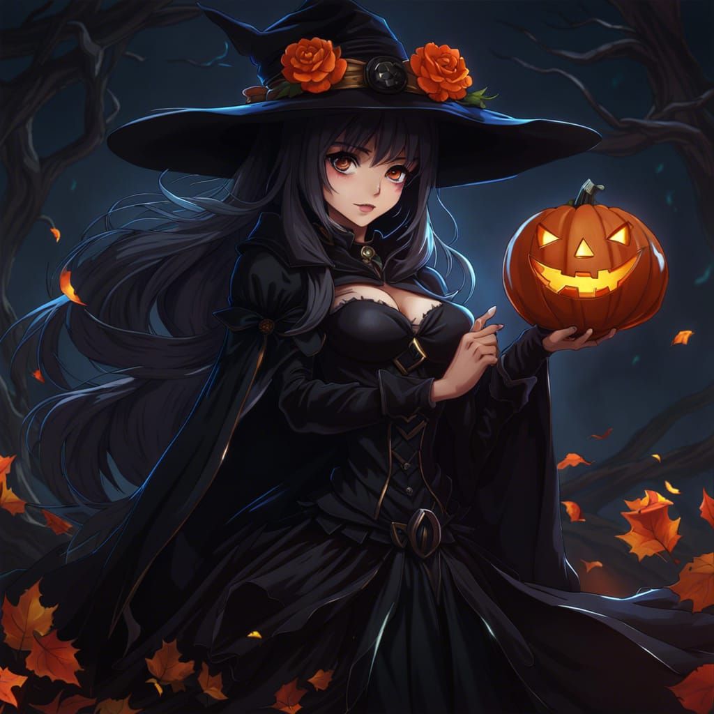 Anime-Style Witch with Jack-o'-Lantern