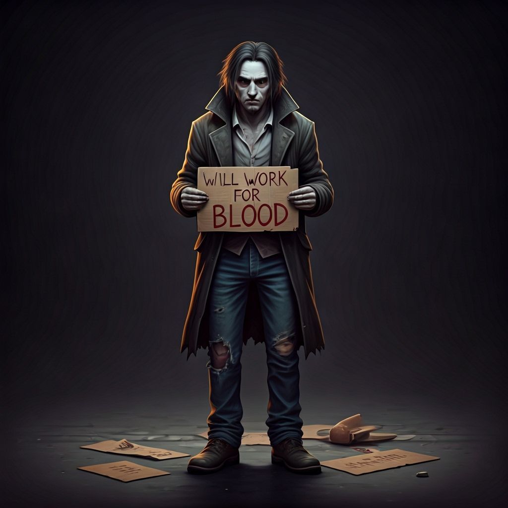 Homeless Vampire Pleads for Blood on Dim Street Corner