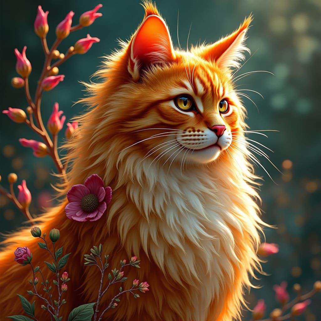 Fiery Floral Cat Art Nouveau Portrait