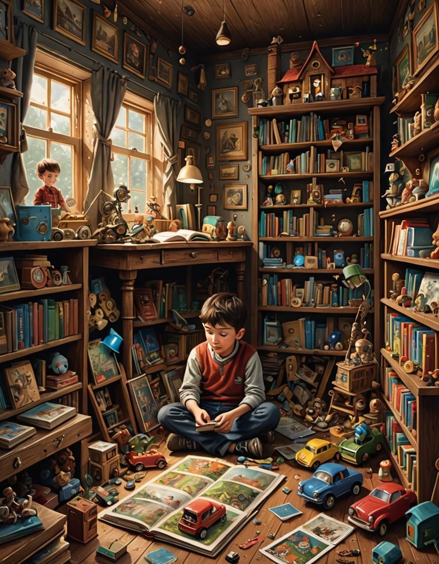 Nostalgic Boy with Childhood Toys: Hyperdetailed Portrait