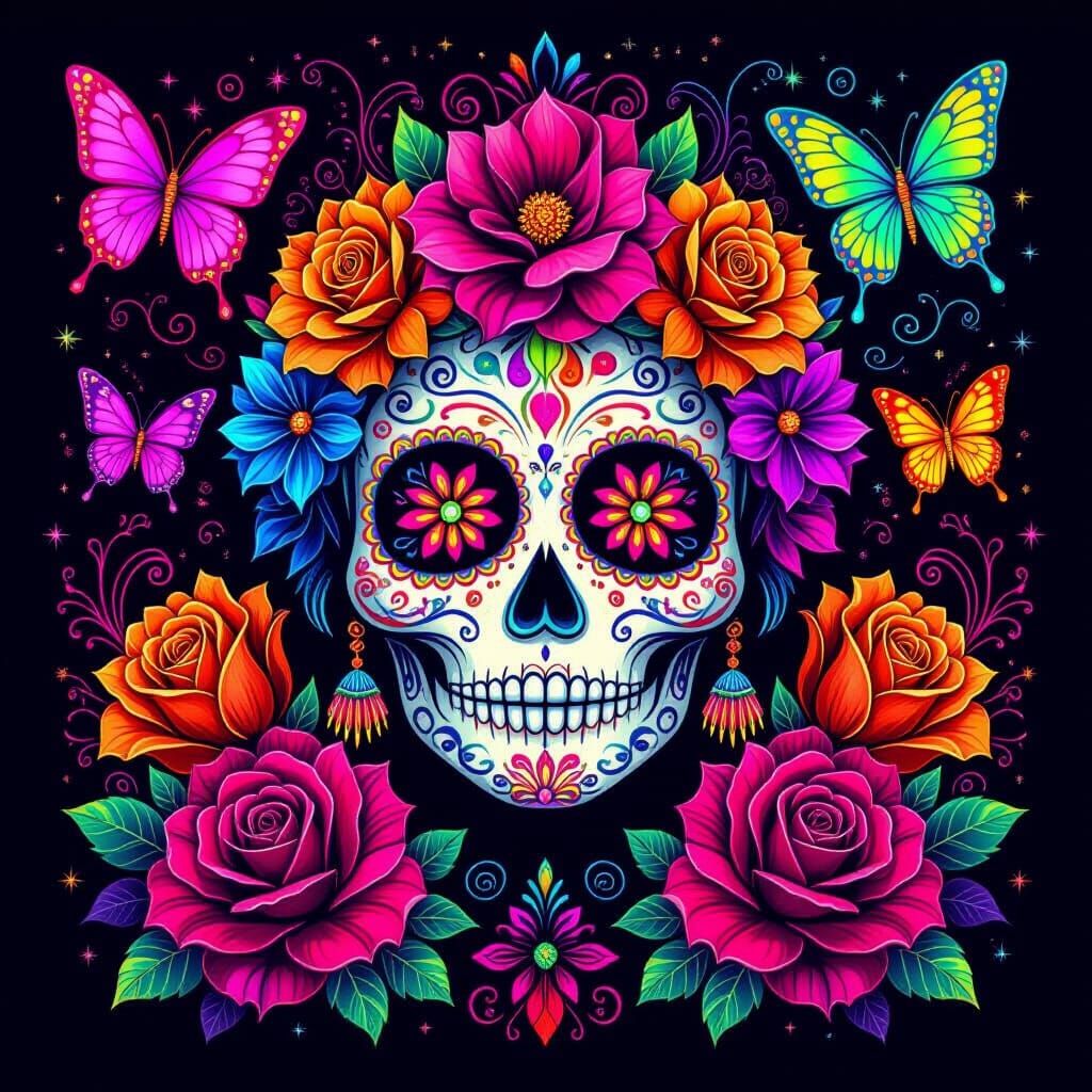Neon Sugar Skull with Butterflies and Roses