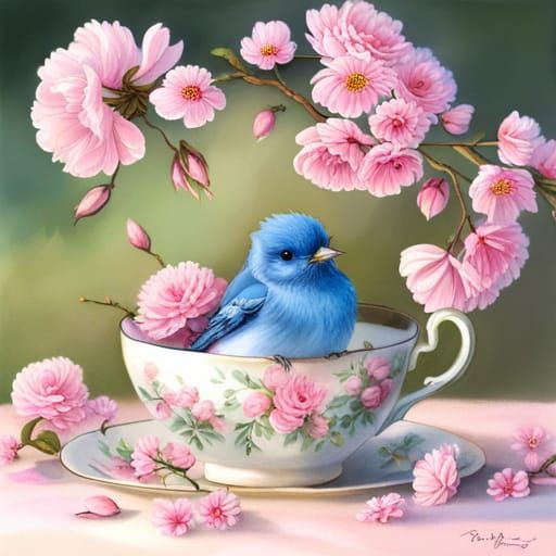 Fluffy Blue Bird in Floral Teacup