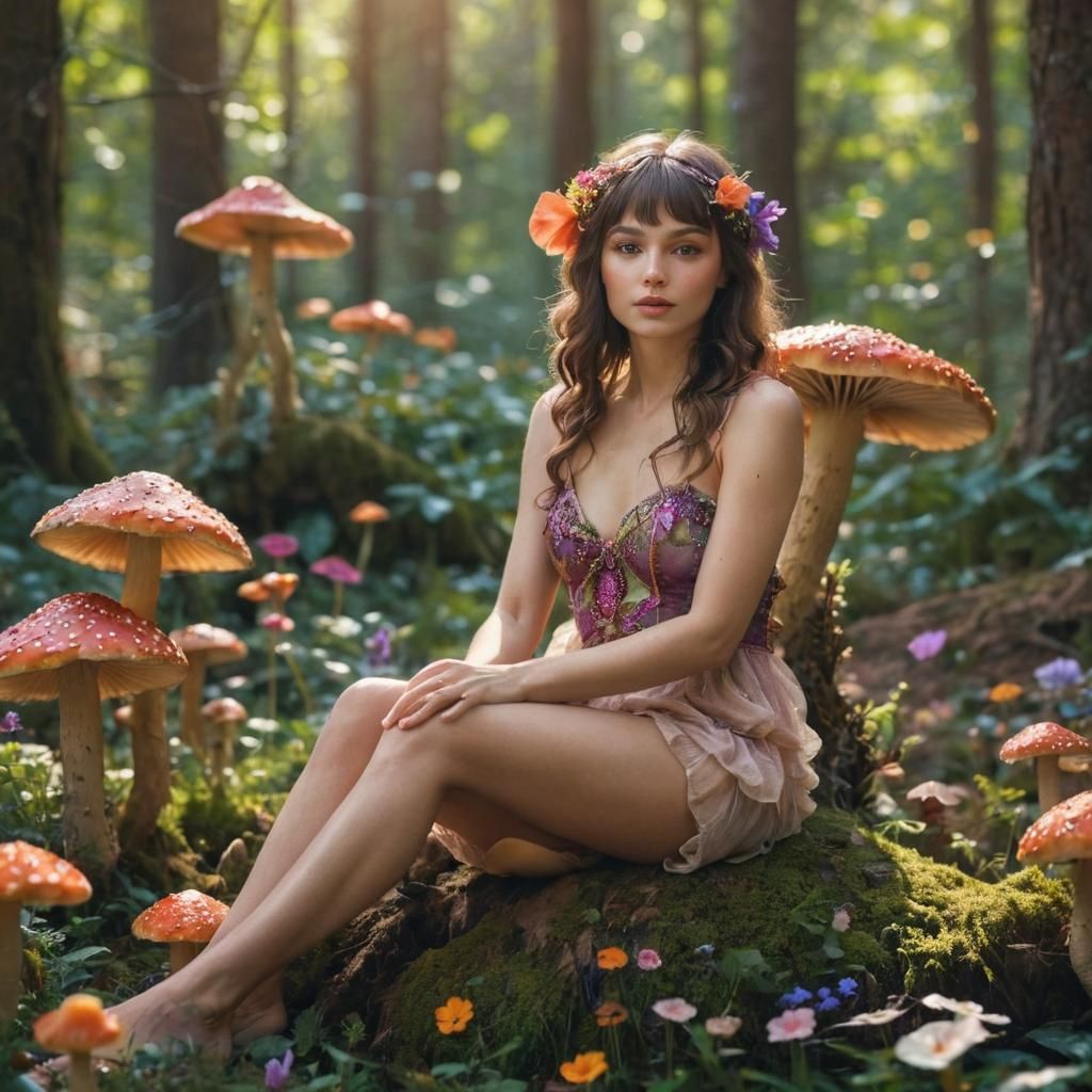 Fairy Portrait on Mushroom in Sunny Forest