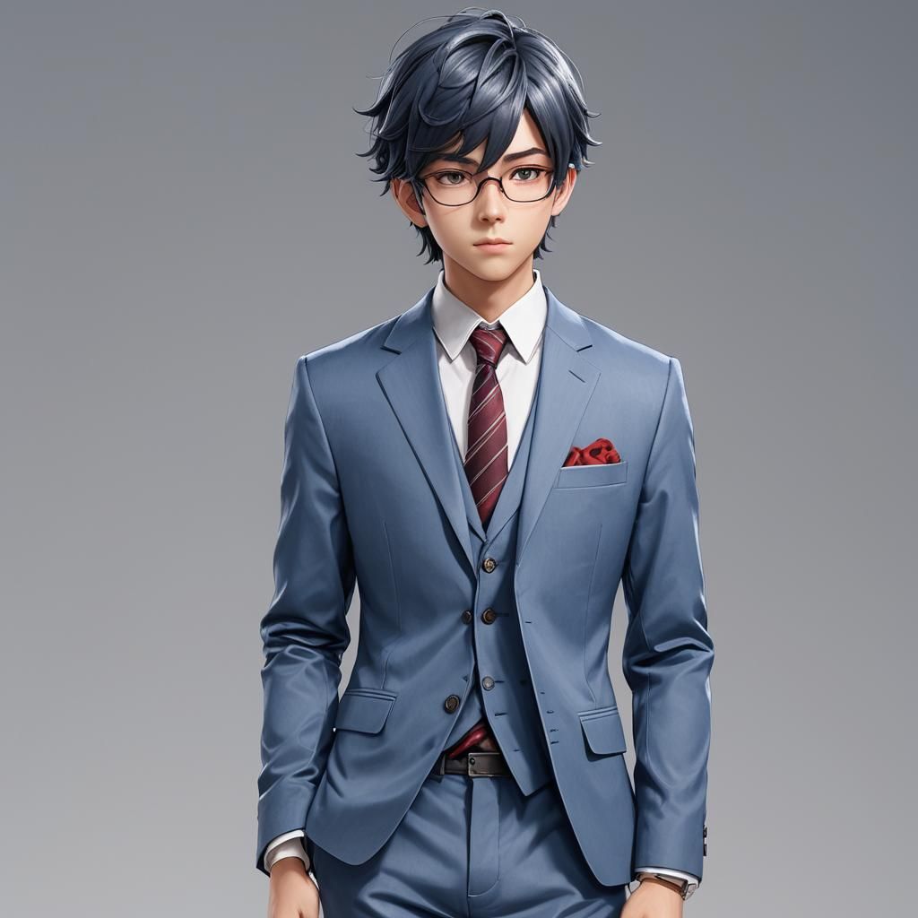 Anime Style Boy with Blue Suit and Red Eyes