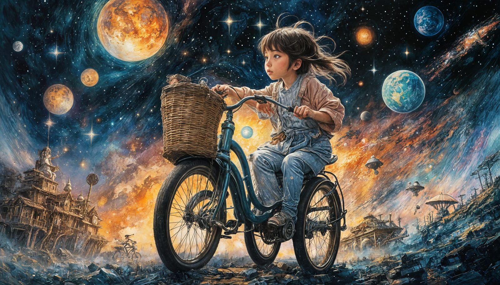 Anime Girl's Cosmic Tricycle Ride: Ghibli Style