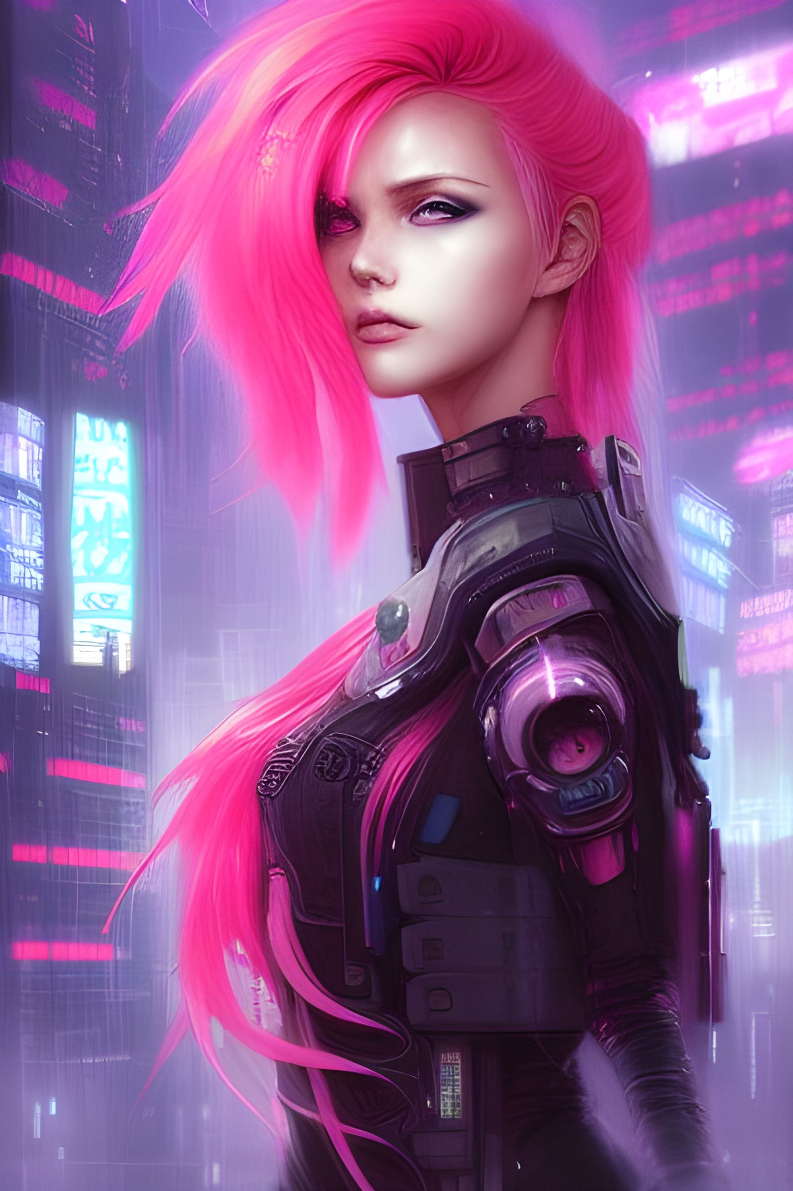 Cyberpunk Goddess with Neon Pink Hair, Digital Illustration